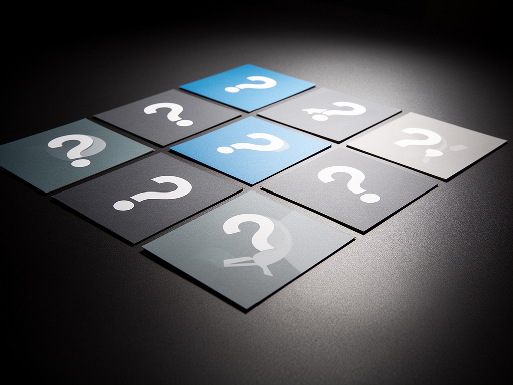 Conjunto de tarjetas abstractas con iconos de preguntas y respuestas dispuestos en una cuadrícula, sobre superficie oscura con iluminación puntual y texturas sutiles