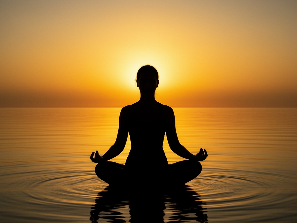 Silueta serena de una persona en posición de meditación frente a un atardecer dorado sobre agua tranquila, con luz cálida y sombras profundas que expresan calma y consciencia