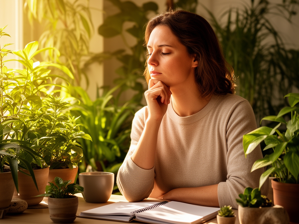 Persona reflexionando tranquilamente sobre sus hábitos diarios en un entorno sereno con luz natural cálida, rodeada de plantas verdes y elementos naturales